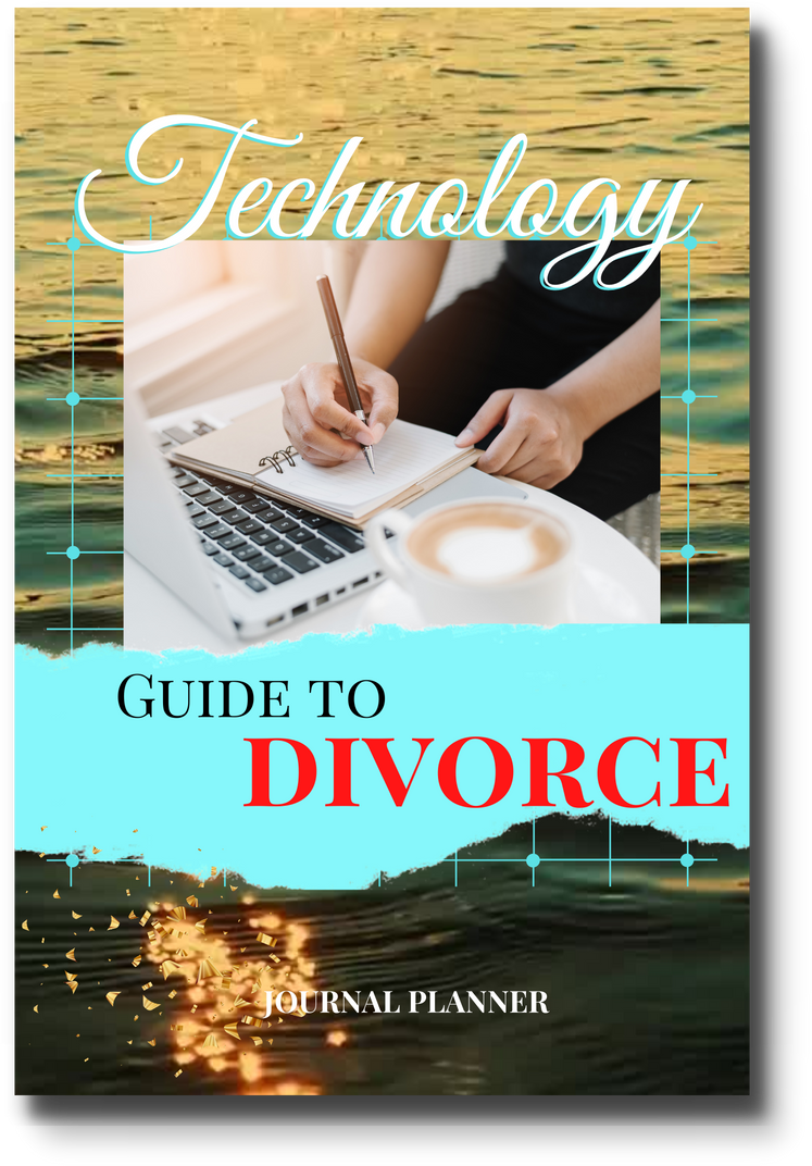 Book cover for "Technology Guide To Divorce: Journal Planner". Background photo is of water. Foreground photo is of a hand writing in a journal next to a laptop.