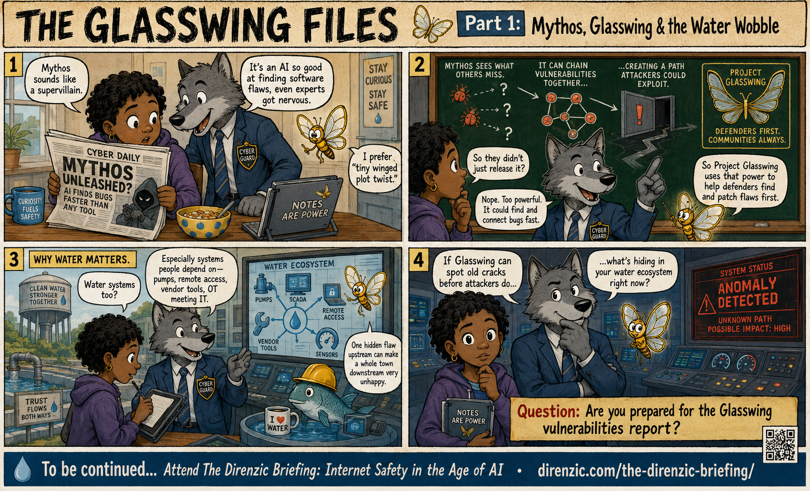 The Glasswing Files Part 1: Mythos, Glasswing and the Water Wobble. A four-panel educational comic introducing Project Glasswing and what it means for water sector cybersecurity. Ends with the question: Are you prepared for the Glasswing vulnerabilities report?