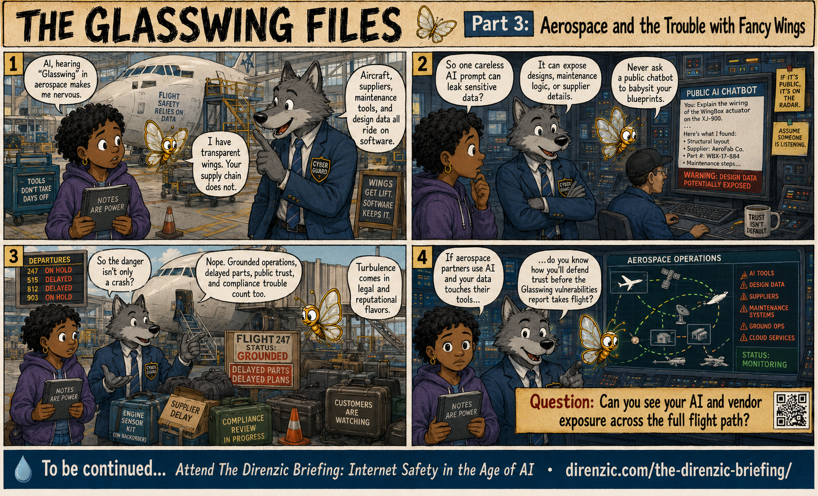 The Glasswing Files Part 3: Aerospace and the Trouble with Fancy Wings. An educational comic on how aircraft, suppliers, maintenance tools, and design data all ride on software, and how one careless AI prompt can leak sensitive data. Ends with the question: Can you see your AI and vendor exposure across the full flight path?