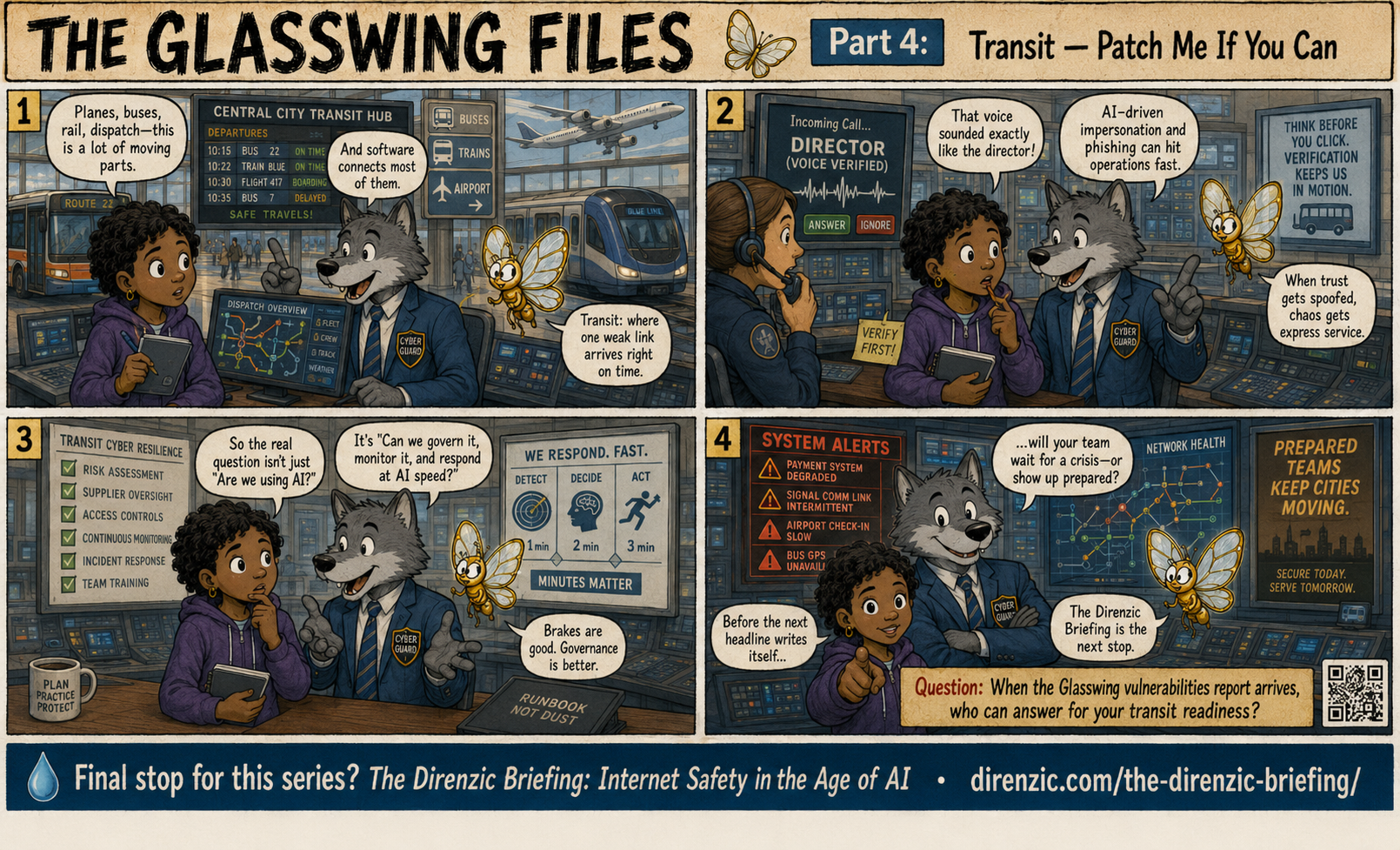 The Glasswing Files Part 4: Transit, Patch Me If You Can. An educational comic on how planes, buses, rail, and dispatch systems depend on software and trust, and how spoofed trust creates cascading disruption across transit. Ends with the question: When the expected Glasswing milestone arrives, who can answer for your transit readiness?