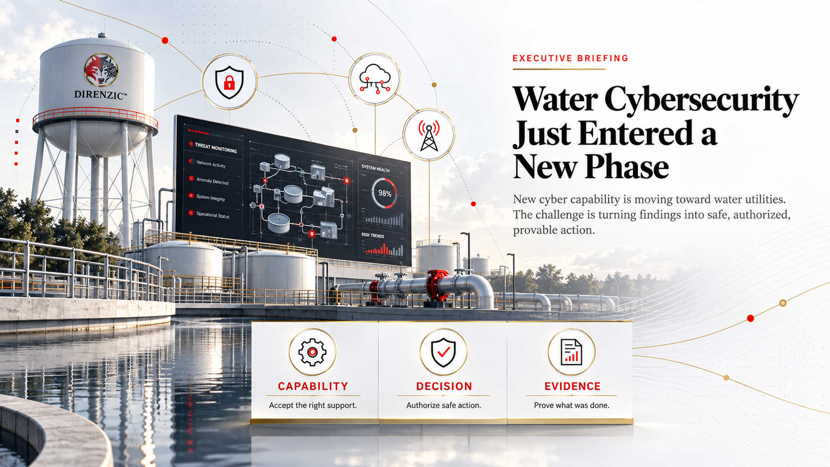 Water treatment facility with a Direnzic water tower and a live threat-monitoring display. Capability, Decision, Evidence.